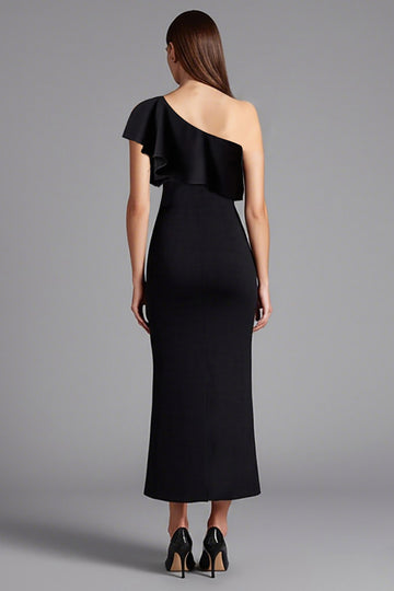 One Shoulder Black Ruffled Formal Dress with Slit